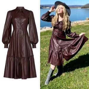Nicholas Larisa Dress Faux Leather Balloon Sleeve Button Front Midi Brown 4